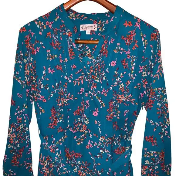 NANETTE by NANETTE LEPORE  teal fit & flare midi L-sleeve floral dress - Picture 3 of 9